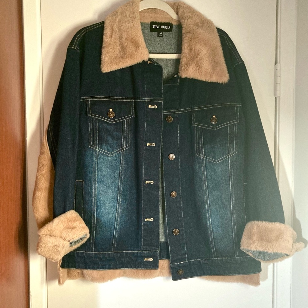 Steve Madden Blue Denim Jacket with Tan Faux Fur